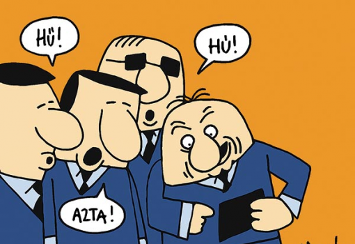 <h1>Úti élmények
…és itt koszorúzzuk meg Anikóval Nazarbajev arany hintaszékét, és képzeljétek, Kazahsztánban az elnök akkor lövethet a nép közé, amikor csak akar!…, és ezen a képen pedig…
MARABU rajza</h1>-
