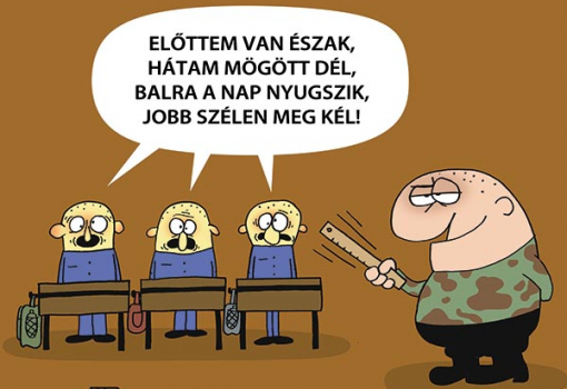 <h1>Fakultatív természetismeret-óra
(az ózdi modell)

Előttem van észak, 
hátam mögött dél, 
balra a nap nyugszik, 
jobb szélen meg kél!
WEISZ BÉLA rajza</h1>-